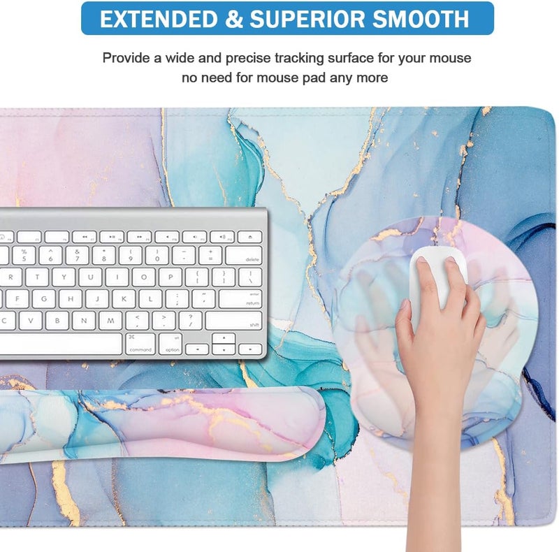 Yunoble 4-in-1 Gaming Mouse Pad Wrist Support Set，Desk Pad + Mouse Pad with Wrist Rest + Keyboard Wrist Rest + Coaster, Ergonomic Design for Home Office Study Game - Blue Marble - Image 5